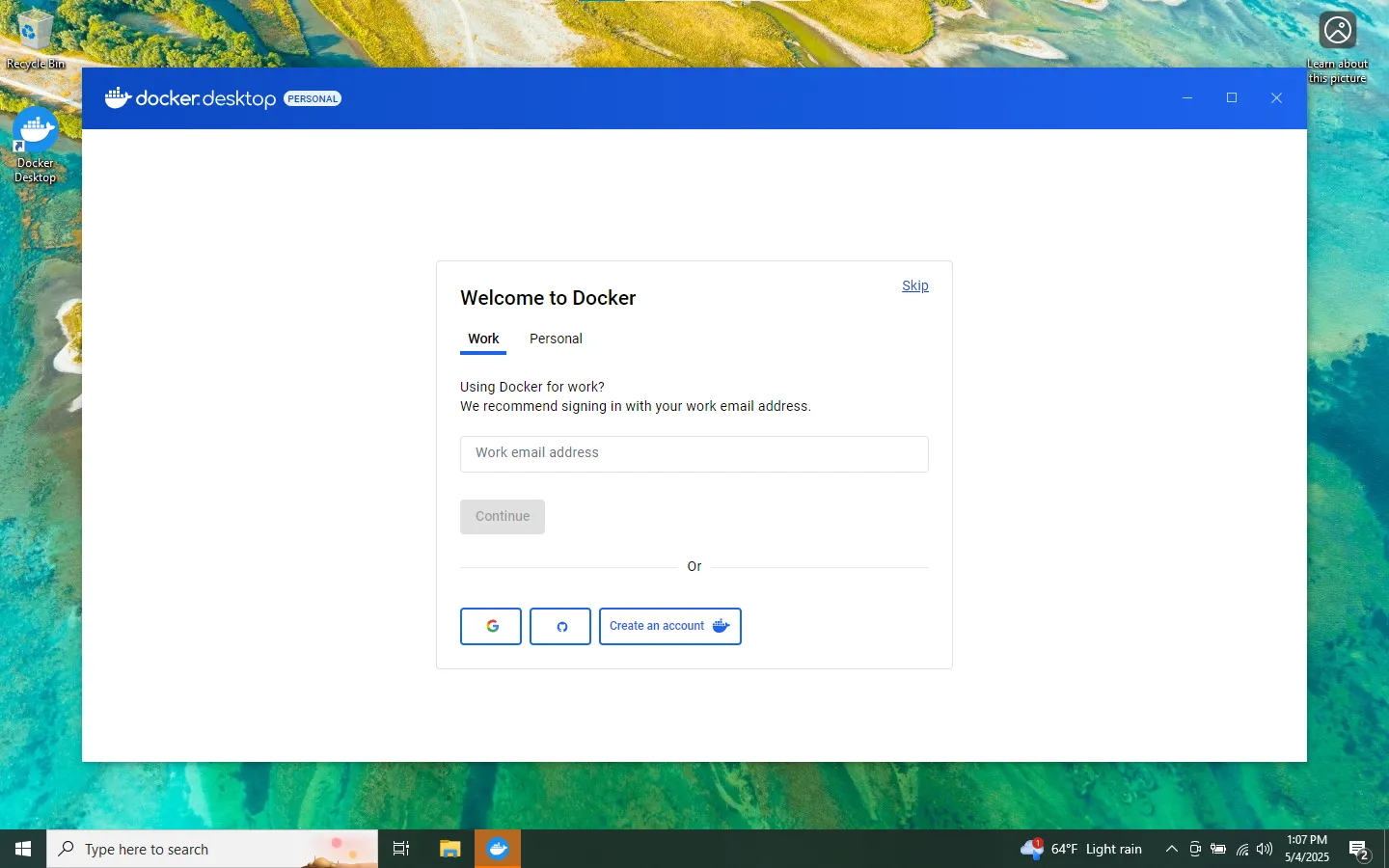 Windows Docker Registration Screenshot