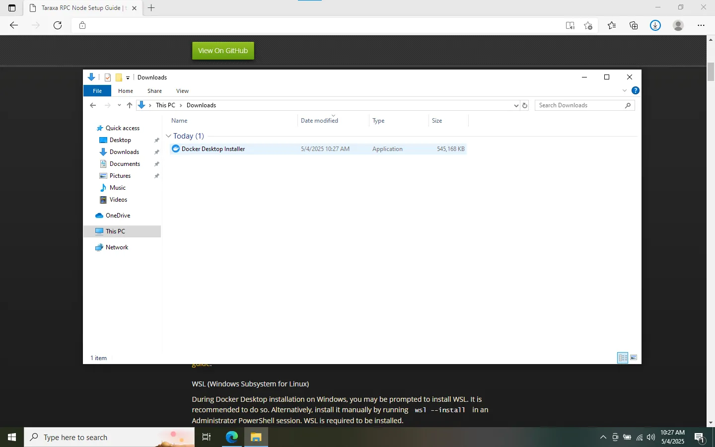 Windows Docker Install Screenshot