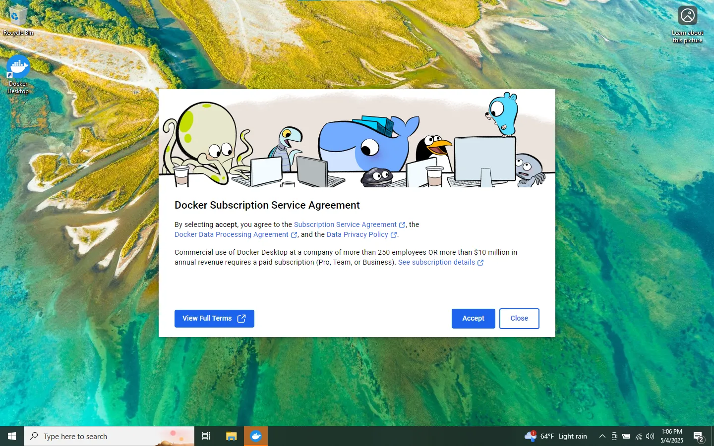 Windows Docker License Screenshot